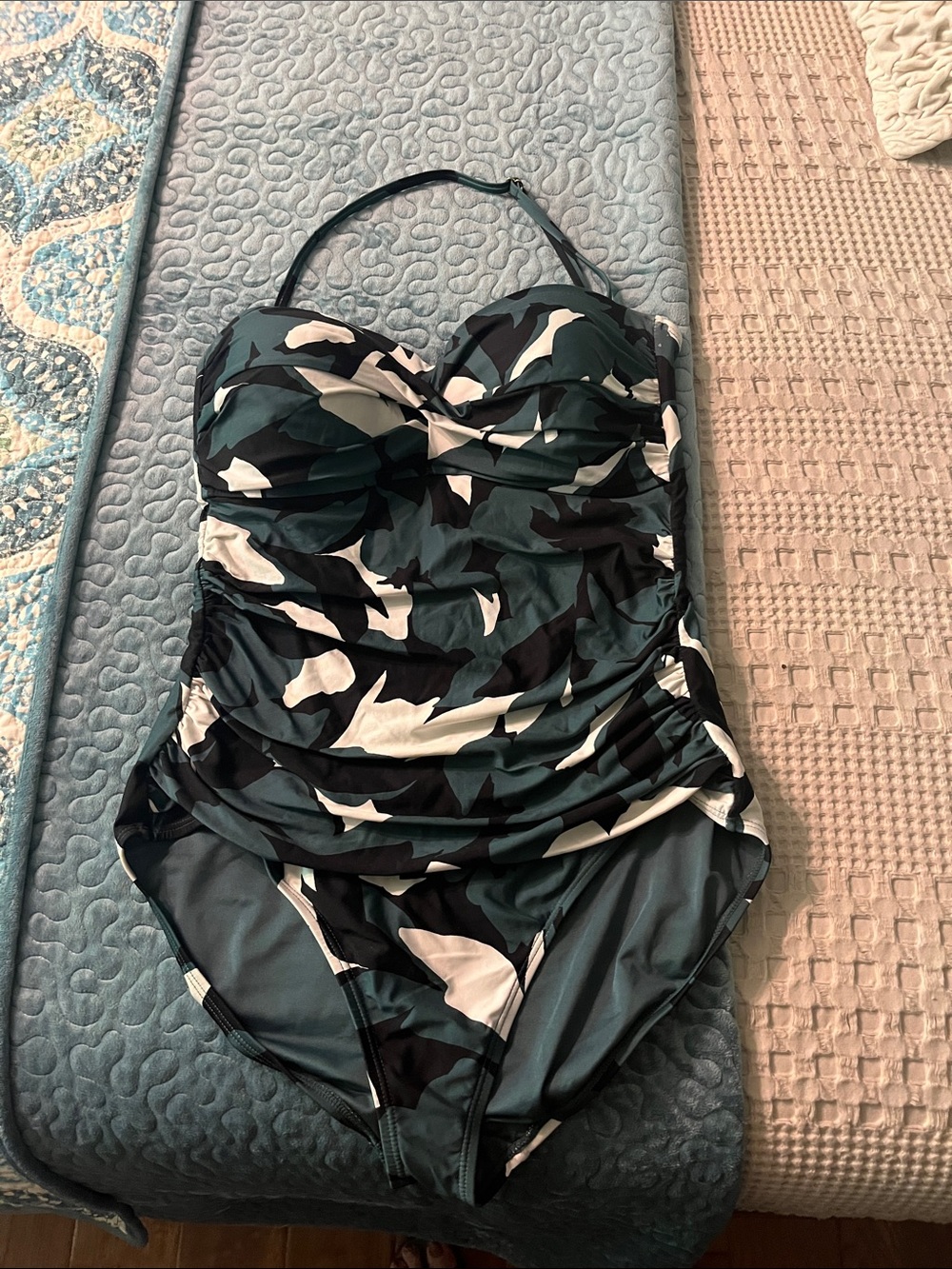 Twist-Front Black & White and green Camouflage One-Piece Swimsuit